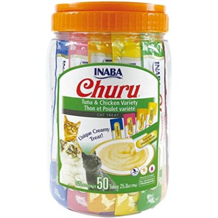 INABA Churu Cat Treats, Grain-Free, Squeezable Creamy Pure Topper with Vitamin E & Taurine, 0.5 Ounces Each Tube